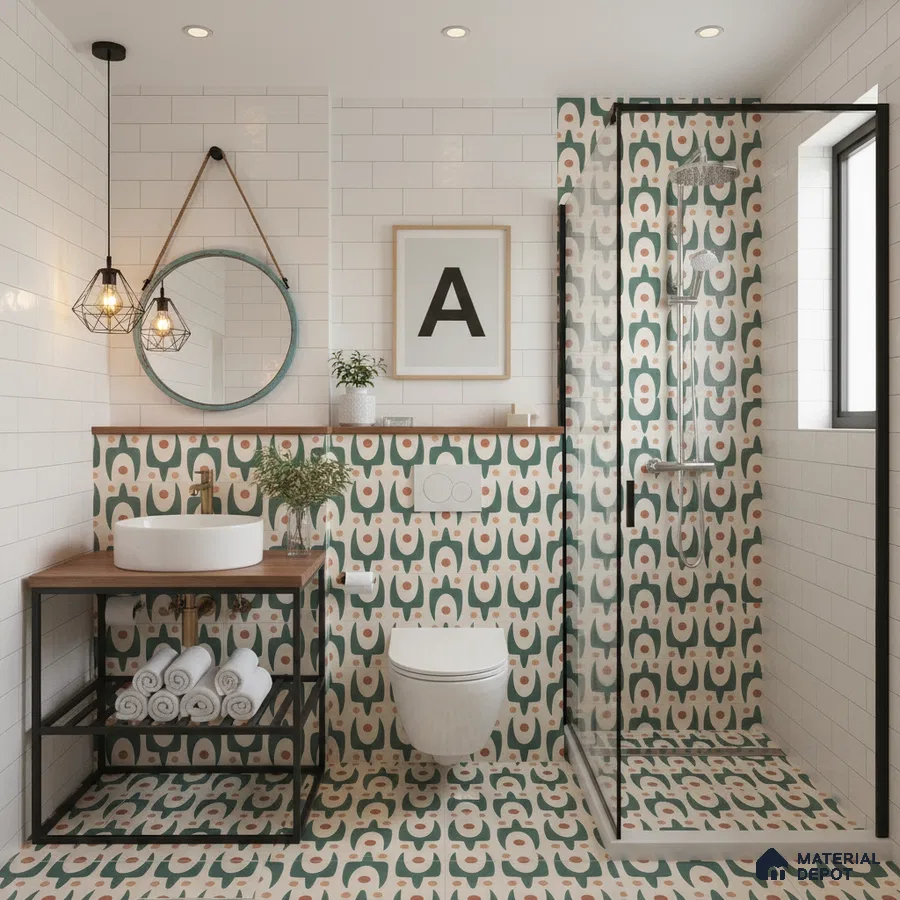 Modern bathroom with geometric patterned tiles and white subway wall tiles in Bengaluru | Material Depot