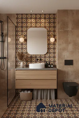 Modern bathroom with geometric patterned tiles, beige stone wall tiles, and oak wood vanity in Bengaluru | Material Depot