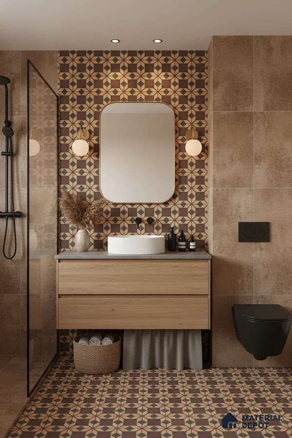 Modern bathroom with geometric patterned tiles, beige stone wall tiles, and oak wood vanity in Bengaluru | Material Depot