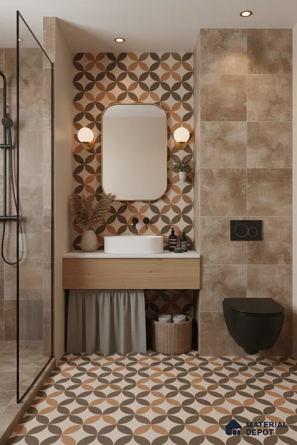 Modern bathroom with geometric patterned tiles, beige stone wall tiles, and wood vanity in Bengaluru | Material Depot