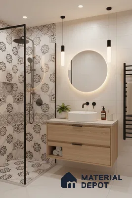 Modern bathroom with geometric patterned tiles, light wood floating vanity, and matte white wall tiles in Bengaluru | Material Depot
