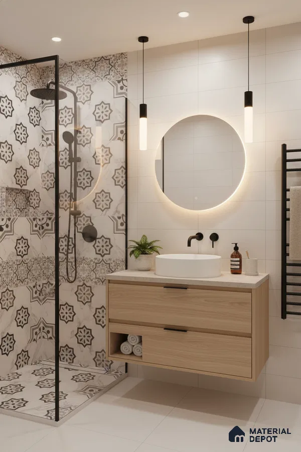 Modern bathroom with geometric patterned tiles, light wood floating vanity, and matte white wall tiles in Bengaluru | Material Depot