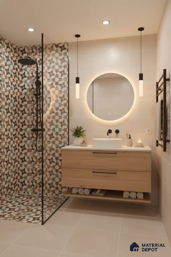 Modern bathroom with geometric patterned tiles, light wood vanity, and beige wall tiles in Bengaluru | Material Depot