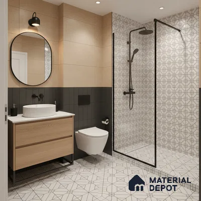 Modern bathroom with geometric patterned tiles, matte black fixtures, and light wood vanity in Bengaluru | Material Depot