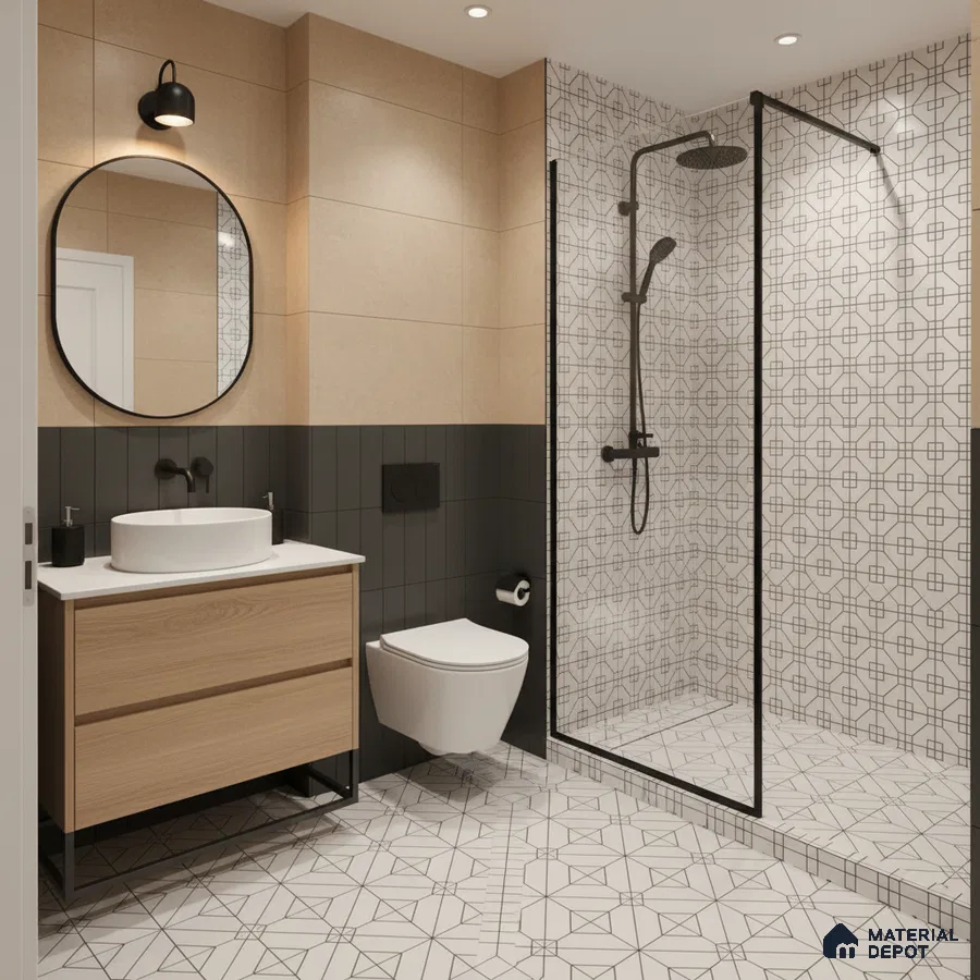 Modern bathroom with geometric patterned tiles, matte black fixtures, and light wood vanity in Bengaluru | Material Depot