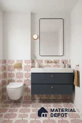 Modern bathroom with geometric patterned tiles, navy vanity, and white marble countertop in Bengaluru | Material Depot