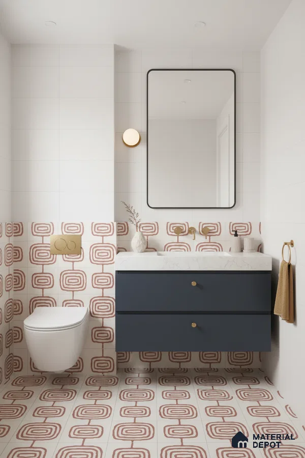 Modern bathroom with geometric patterned tiles, navy vanity, and white marble countertop in Bengaluru | Material Depot