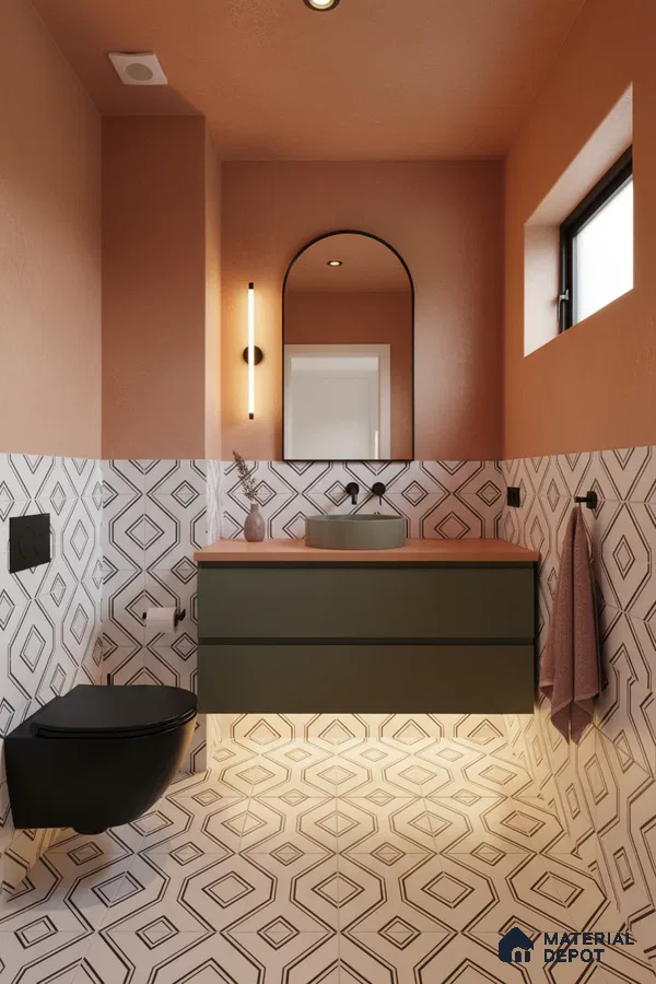 Modern bathroom with geometric patterned tiles, olive green vanity, and terracotta wall paint in Bengaluru | Material Depot