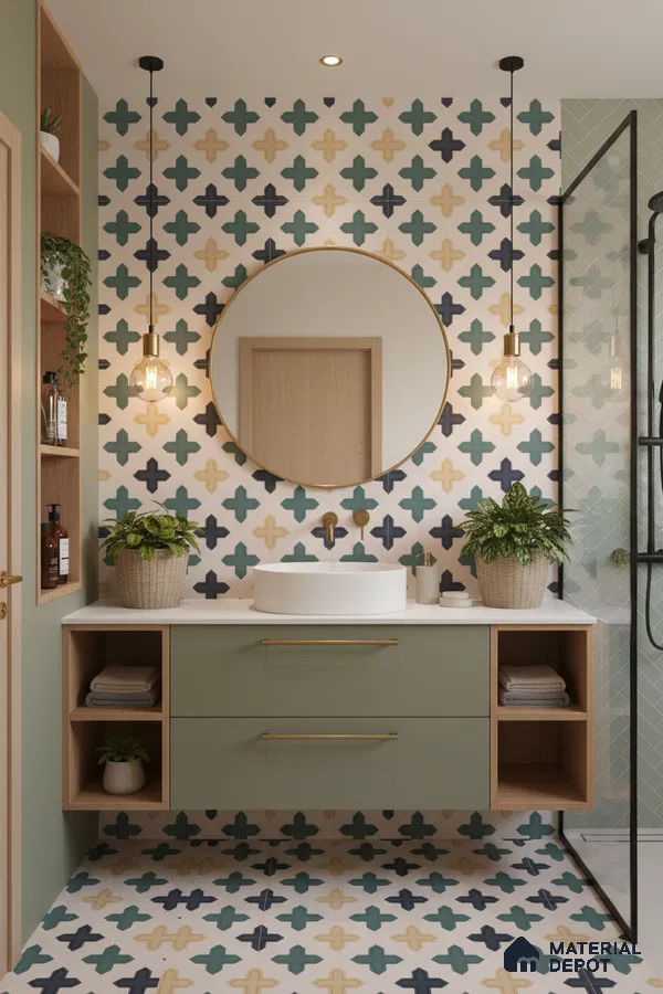 Modern bathroom with geometric patterned tiles, sage green vanity, and white countertop in Bengaluru | Material Depot