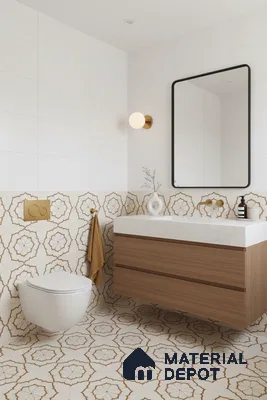 Modern bathroom with geometric patterned tiles, white wall tiles, and wood finish floating vanity in Bengaluru | Material Depot