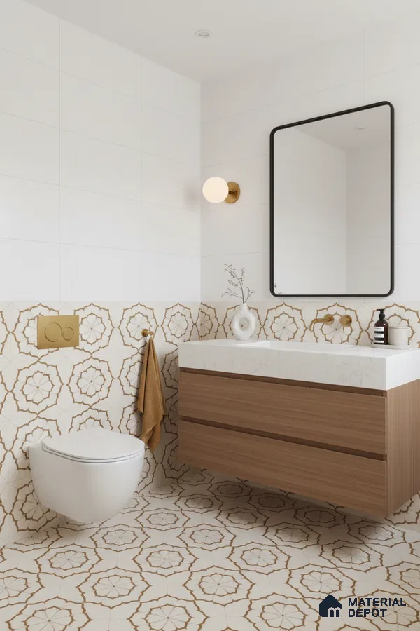 Modern bathroom with geometric patterned tiles, white wall tiles, and wood finish floating vanity in Bengaluru | Material Depot