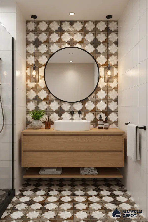 Modern bathroom with geometric patterned wall and floor tiles and light oak floating vanity in Bengaluru | Material Depot