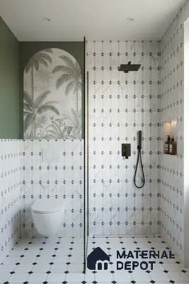Modern bathroom with geometric patterned wall and floor tiles and tropical accent wall | Material Depot