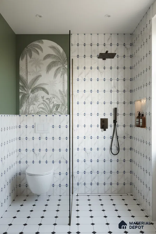 Modern bathroom with geometric patterned wall and floor tiles and tropical accent wall | Material Depot