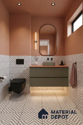 Modern bathroom with geometric patterned wall and floor tiles, olive green vanity, and terracotta wall paint in Bengaluru | Material Depot
