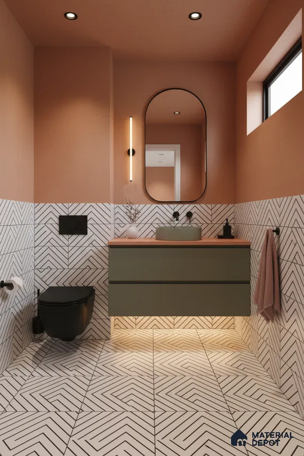 Modern bathroom with geometric patterned wall and floor tiles, olive green vanity, and terracotta wall paint in Bengaluru | Material Depot