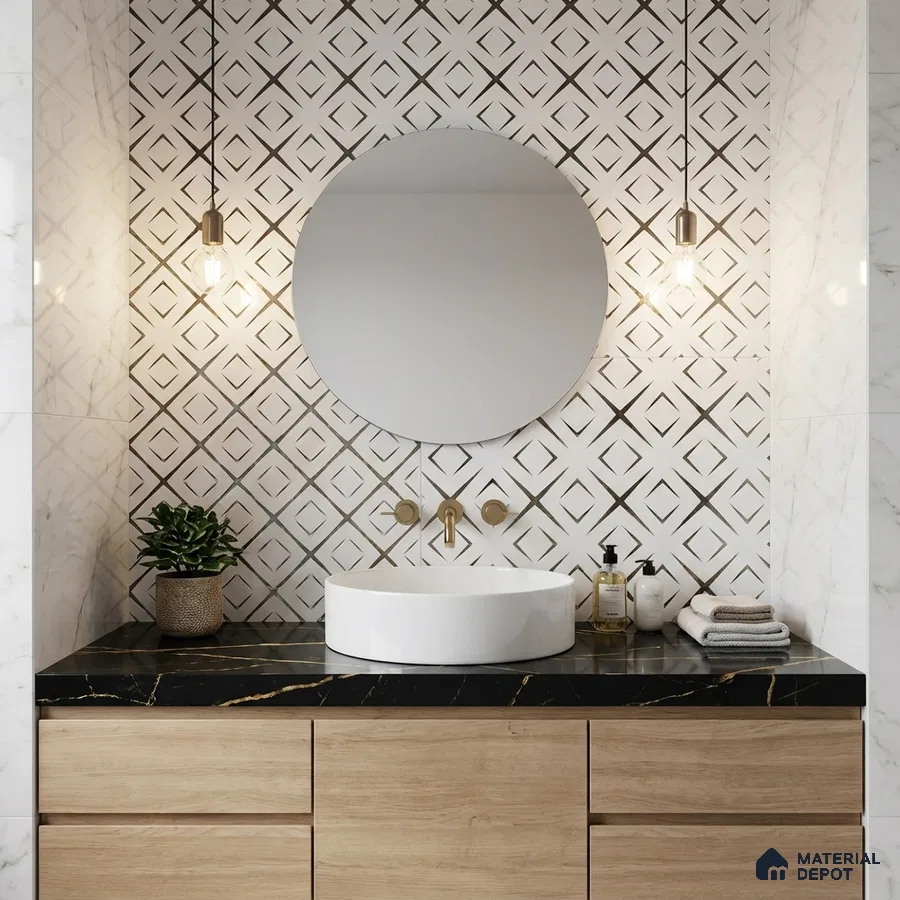 Modern bathroom with geometric patterned wall tile, black marble countertop, and light oak laminate vanity