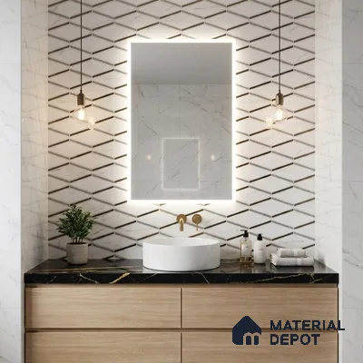 Modern bathroom with geometric patterned wall tile, black marble countertop, and light oak vanity