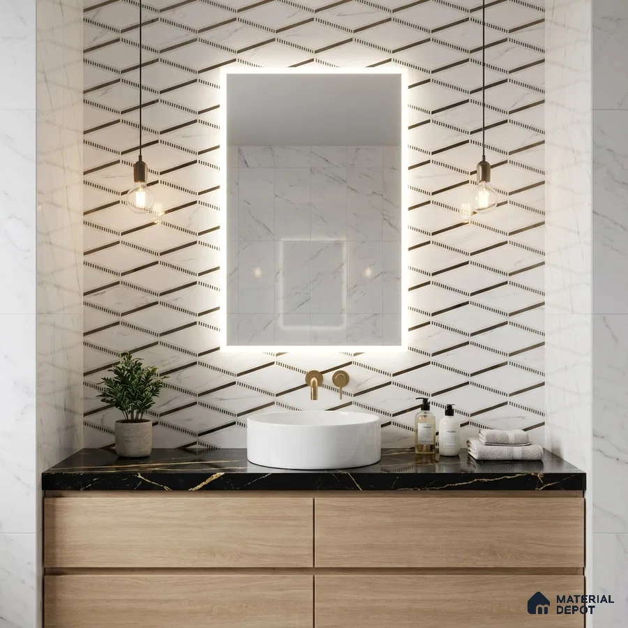 Modern bathroom with geometric patterned wall tile, black marble countertop, and light oak vanity
