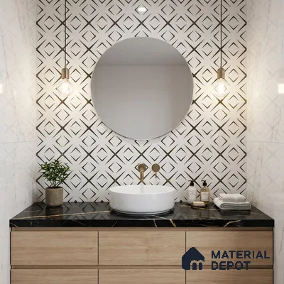 Modern bathroom with geometric patterned wall tile, black marble countertop, and light oak vanity