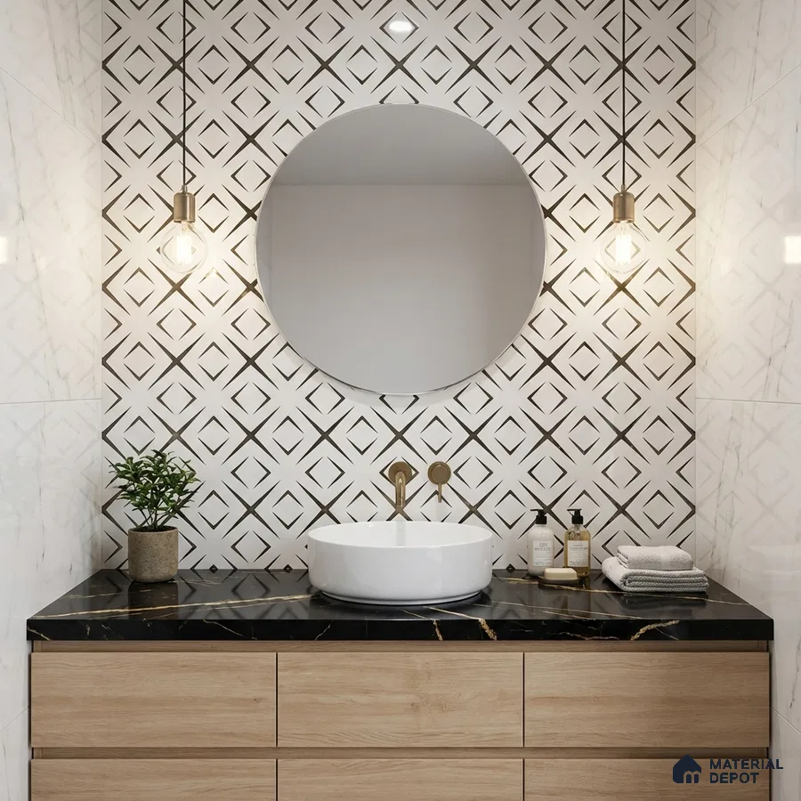 Modern bathroom with geometric patterned wall tile, black marble countertop, and light oak vanity