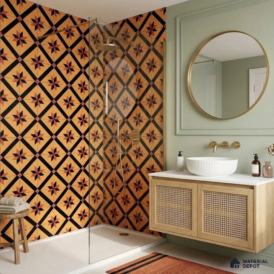 Modern bathroom with geometric patterned wall tiles and cane front vanity