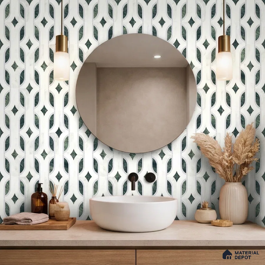 Modern bathroom with geometric patterned wall tiles and light wood vanity