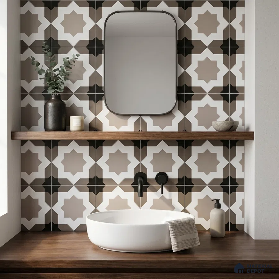 Modern bathroom with geometric patterned wall tiles and walnut wood countertop