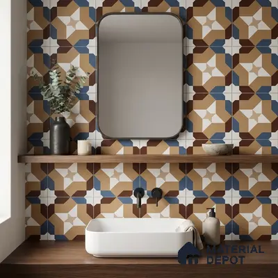 Modern bathroom with geometric patterned wall tiles and walnut wood countertop