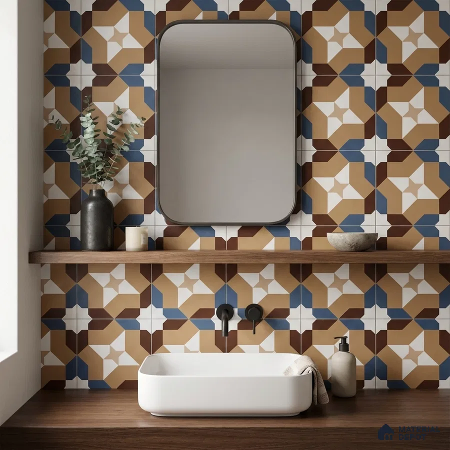 Modern bathroom with geometric patterned wall tiles and walnut wood countertop