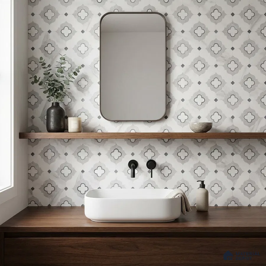 Modern bathroom with geometric patterned wall tiles and walnut wood vanity