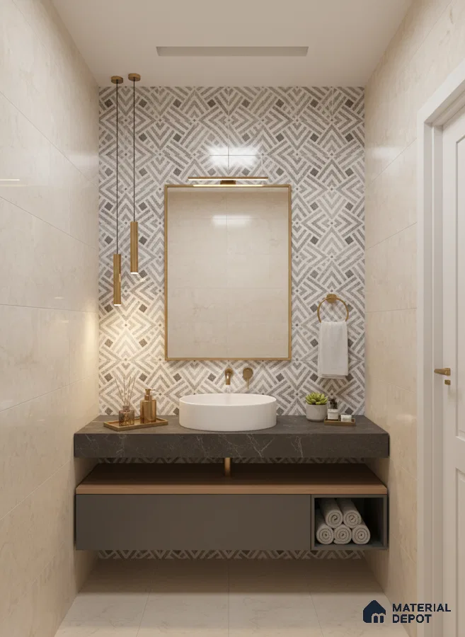 Modern bathroom with geometric patterned wall tiles, beige marble wall tiles, and black marble countertop | Material Depot