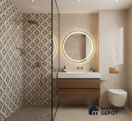 Modern bathroom with geometric patterned wall tiles, beige marble-look tiles, and wood vanity | Material Depot