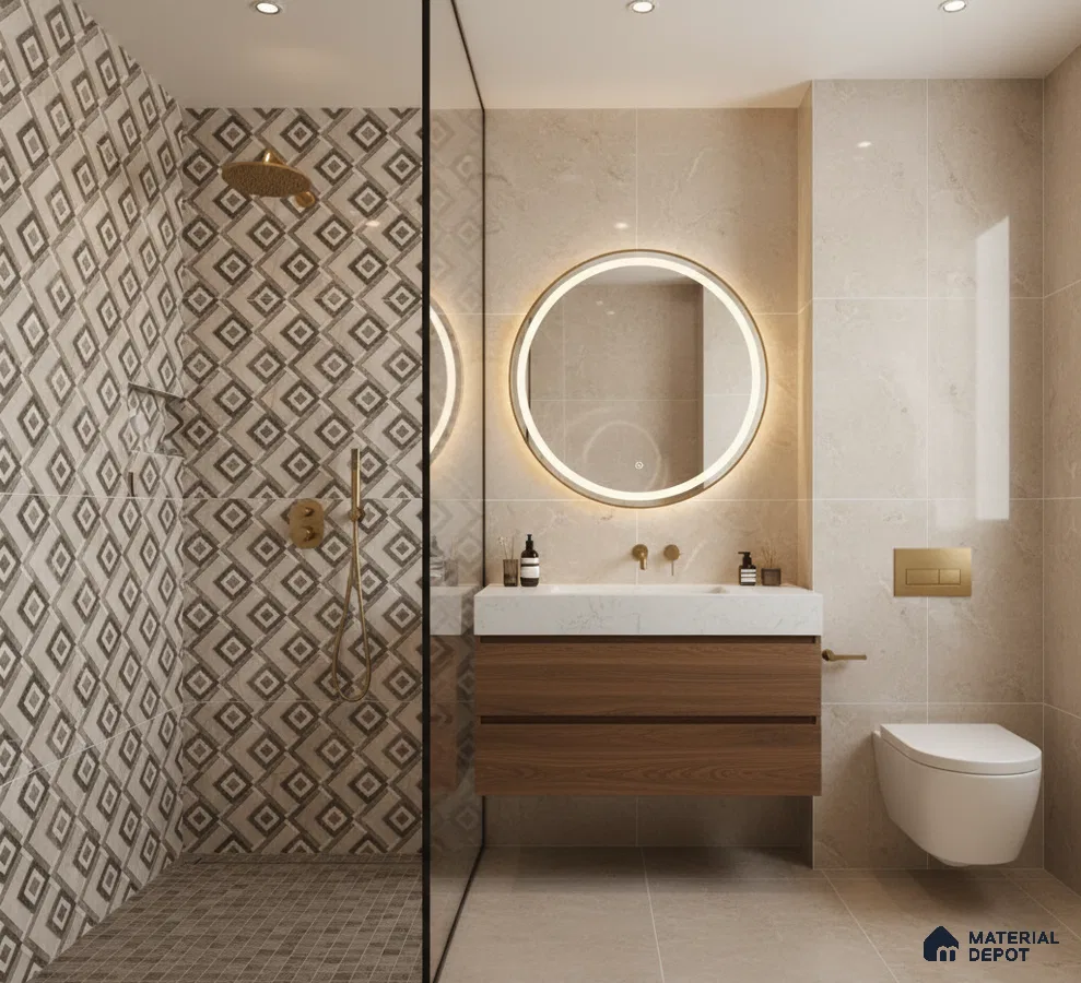 Modern bathroom with geometric patterned wall tiles, beige marble-look tiles, and wood vanity | Material Depot