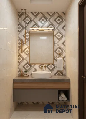 Modern bathroom with geometric patterned wall tiles, beige marble-look wall tiles, and floating vanity with grey countertop | Material Depot