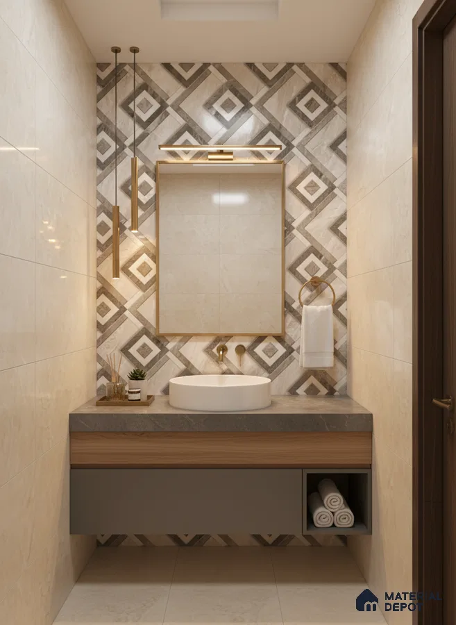 Modern bathroom with geometric patterned wall tiles, beige marble-look wall tiles, and floating vanity with grey countertop | Material Depot