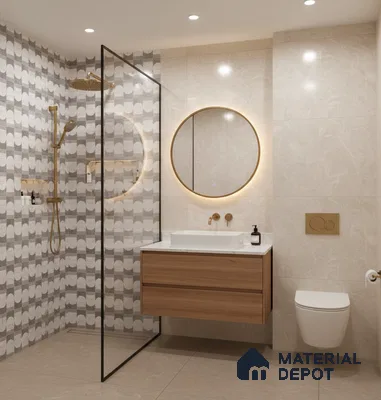 Modern bathroom with geometric patterned wall tiles, beige marble-look wall tiles, and floating wood vanity | Material Depot