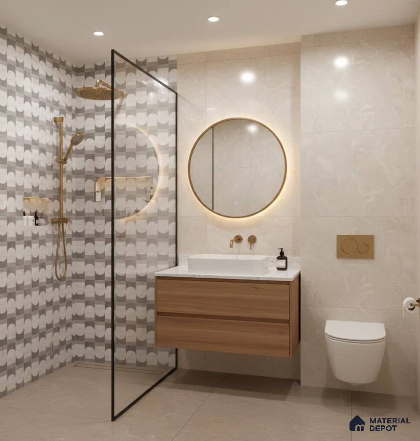 Modern bathroom with geometric patterned wall tiles, beige marble-look wall tiles, and floating wood vanity | Material Depot