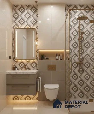Modern bathroom with geometric patterned wall tiles, beige matte vanity, and gold fixtures | Material Depot