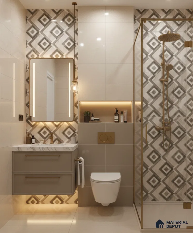 Modern bathroom with geometric patterned wall tiles, beige matte vanity, and gold fixtures | Material Depot
