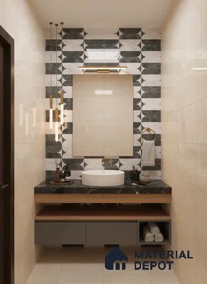 Modern bathroom with geometric patterned wall tiles, black marble countertop, and beige marble wall tiles | Material Depot
