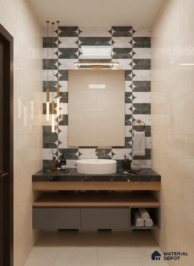 Modern bathroom with geometric patterned wall tiles, black marble countertop, and beige marble wall tiles | Material Depot
