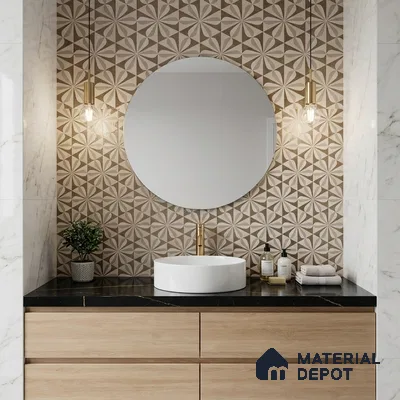 Modern bathroom with geometric patterned wall tiles, black marble countertop, and light oak laminate vanity