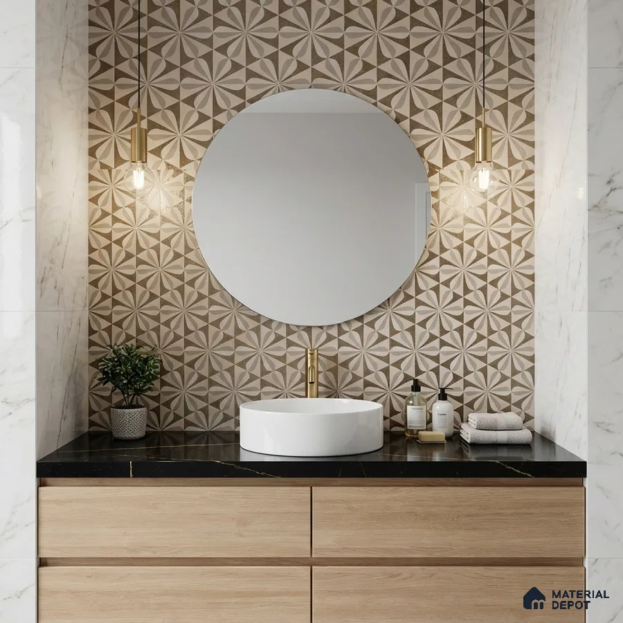 Modern bathroom with geometric patterned wall tiles, black marble countertop, and light oak laminate vanity