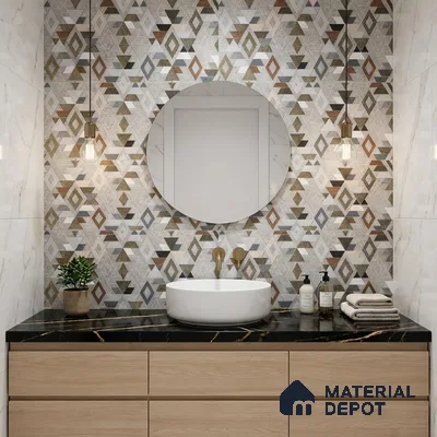 Modern bathroom with geometric patterned wall tiles, black marble countertop, and light wood vanity