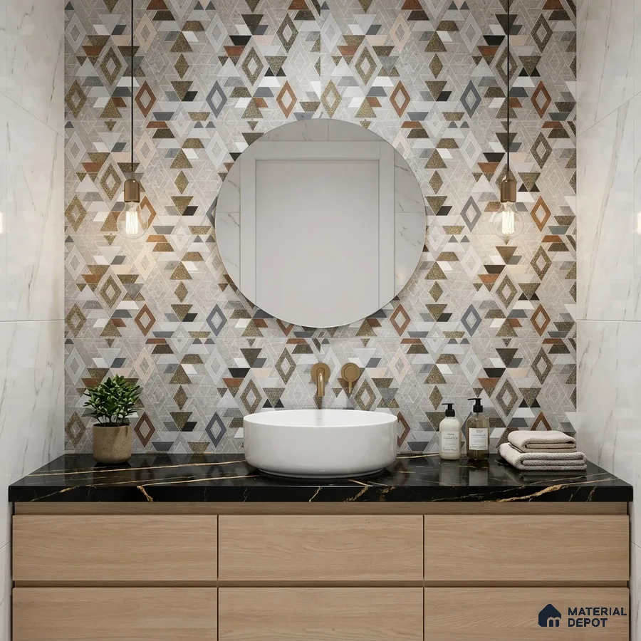 Modern bathroom with geometric patterned wall tiles, black marble countertop, and light wood vanity