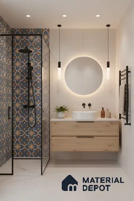 Modern bathroom with geometric patterned wall tiles, light wood floating vanity, and matte white floor tiles in Bengaluru | Material Depot