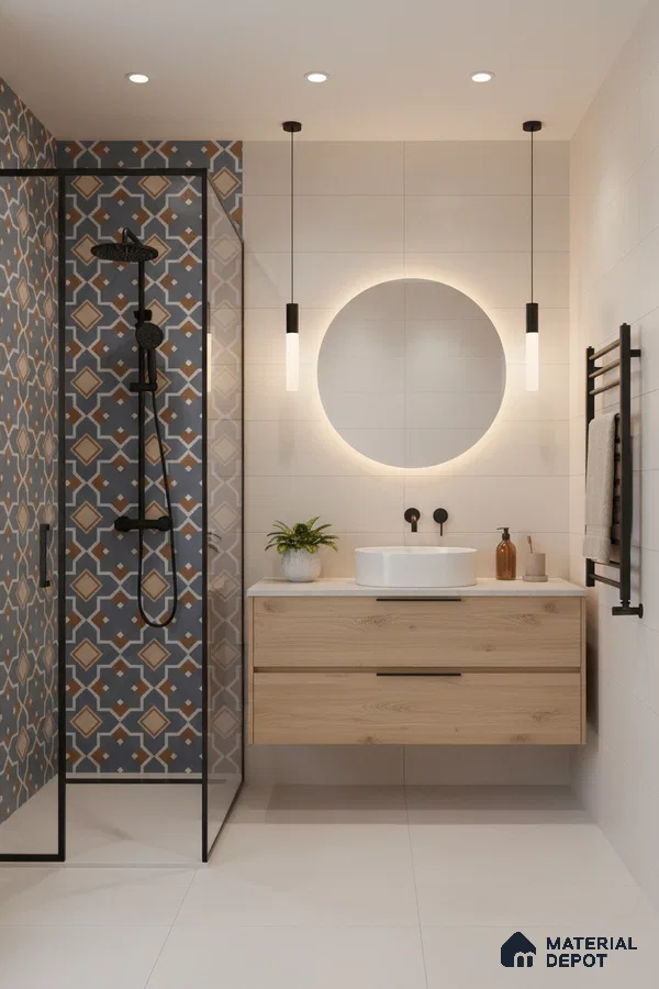 Modern bathroom with geometric patterned wall tiles, light wood floating vanity, and matte white floor tiles in Bengaluru | Material Depot