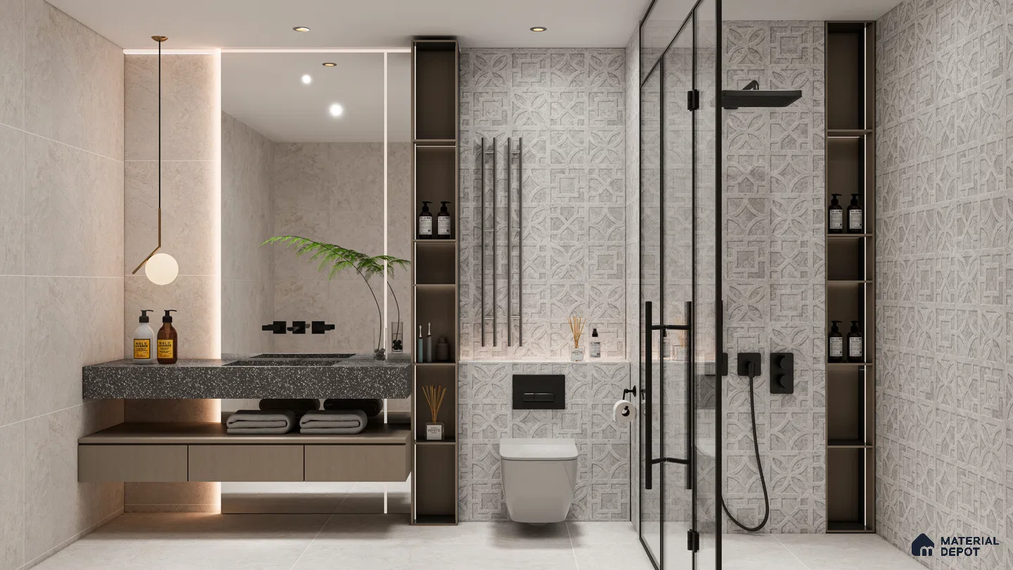 Modern Bathroom with Geometric Punch Embossed Tile Pattern | Material Depot