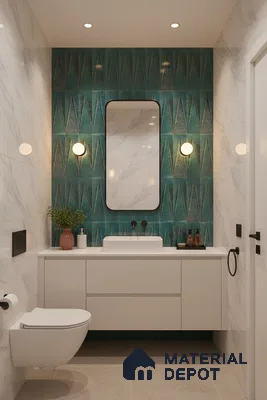 Modern bathroom with geometric teal highlighter wall tiles and white marble-look wall tiles | Material Depot